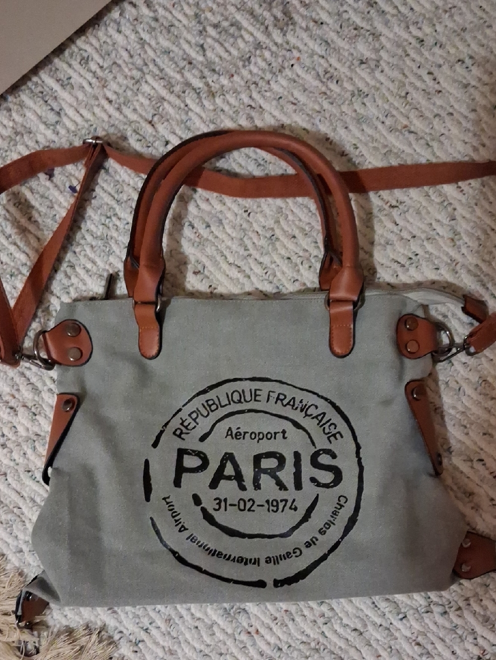 Paris Stamp Canvas Tote with Tan Leather Trim